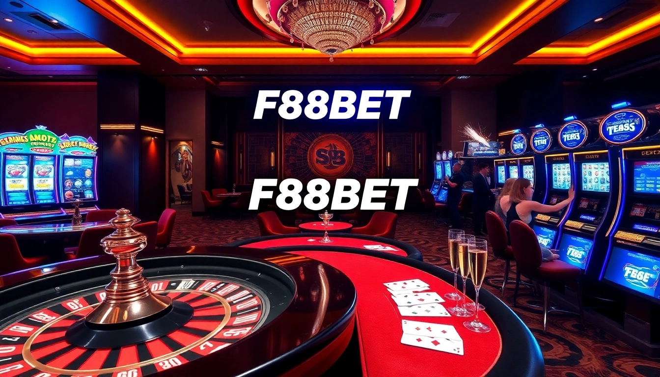 F88BET showcases a luxurious casino experience with vibrant roulette and poker tables filled with excitement.