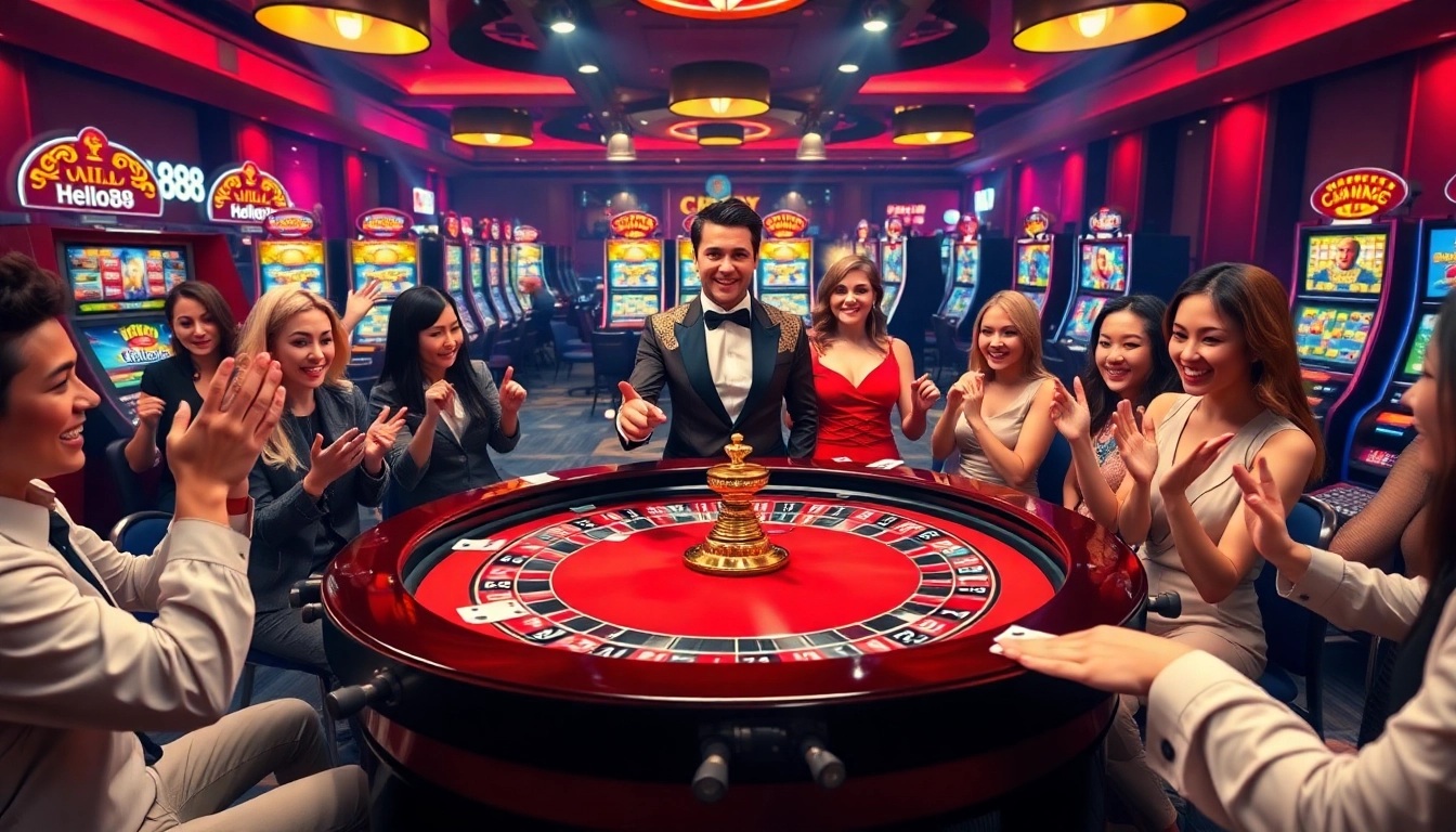Experience thrilling gameplay at Hello88 with an elegant casino setup featuring roulette and poker elements.