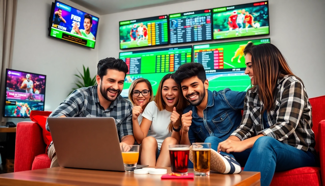 Engaged friends enjoying online betting at https://789ff.biz/ with vibrant sports graphics.