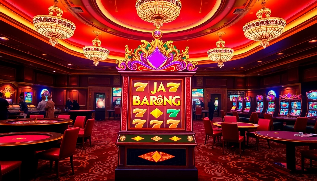 Experience thrilling wins on the raja barong slot machine with excited players in a luxurious casino setting.
