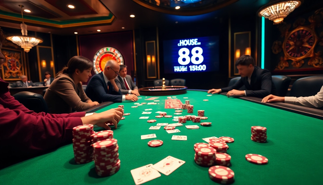 Engaging card game scene focused on Nhà cái Hi88 showcasing thrilling poker action with vibrant chips.