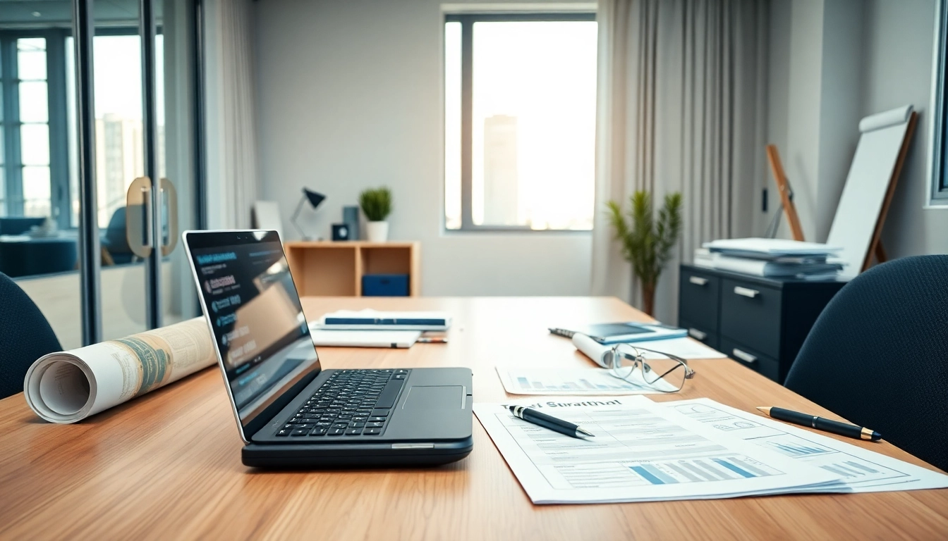 Księgowość dla spółki budowlanej w nowoczesnym biurze z dokumentami finansowymi i planami budowlanymi.