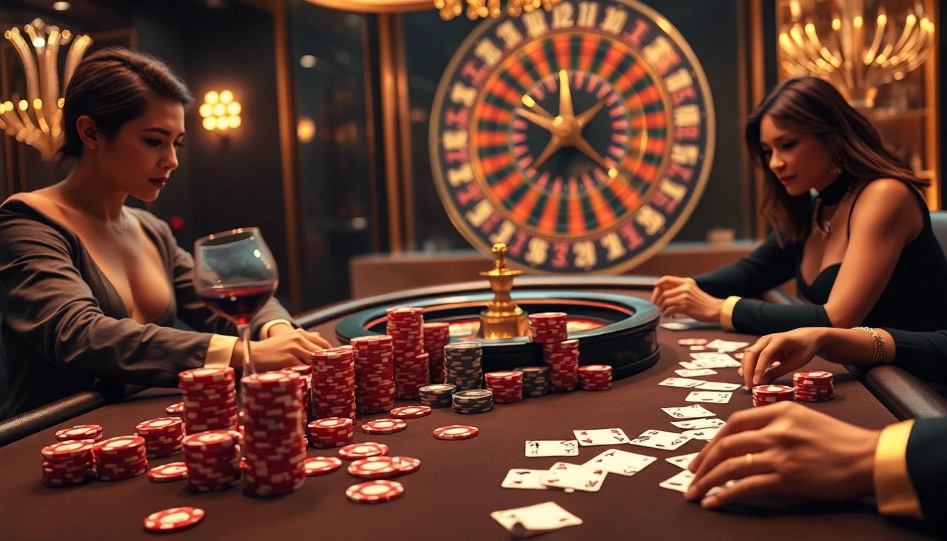 Excited players enjoy high-stakes poker at the s8 casino table featuring vibrant chips and a roulette wheel.