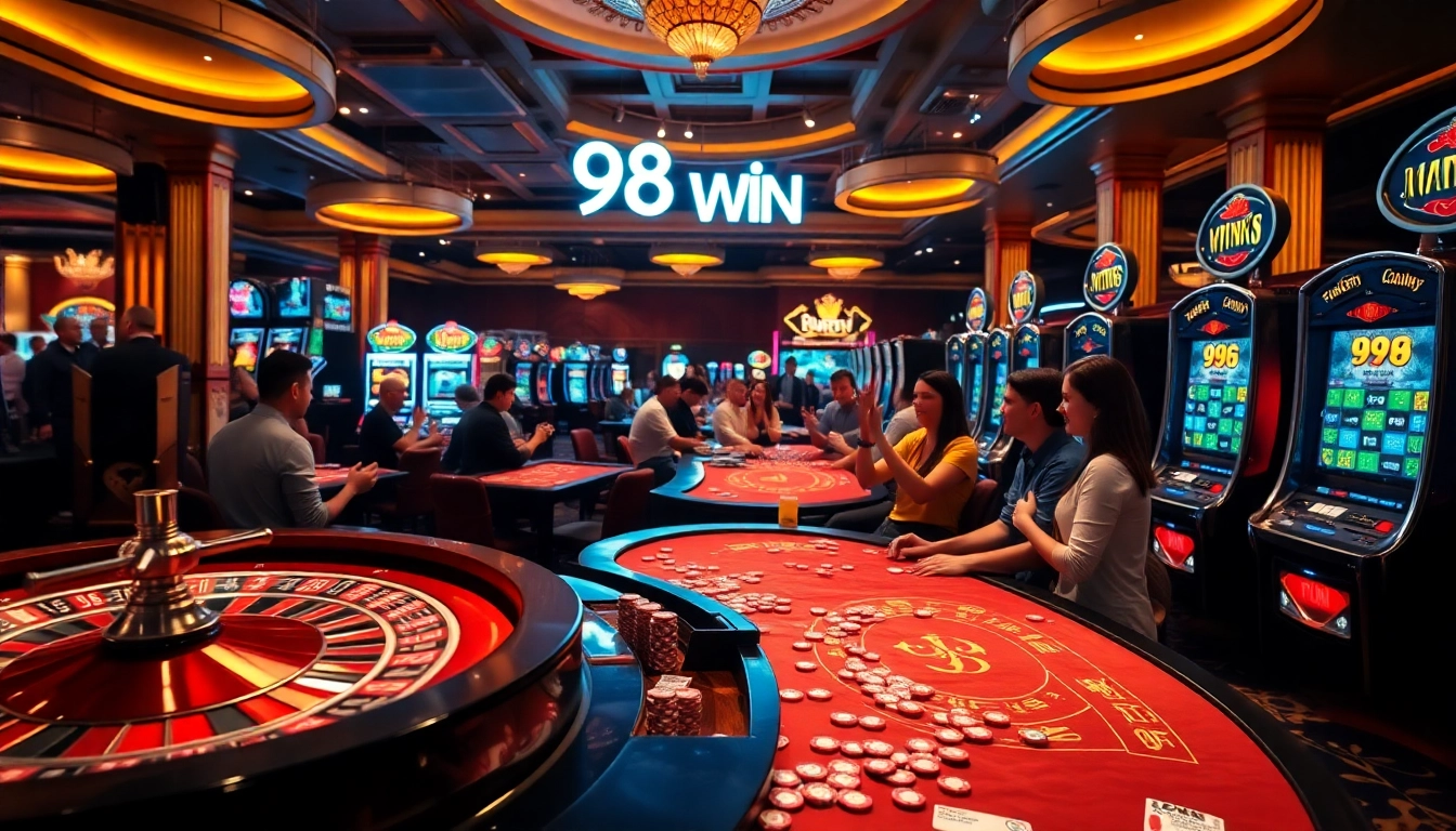 Experience the thrill of 98 win with lively casino action, roulette, and jubilant players.
