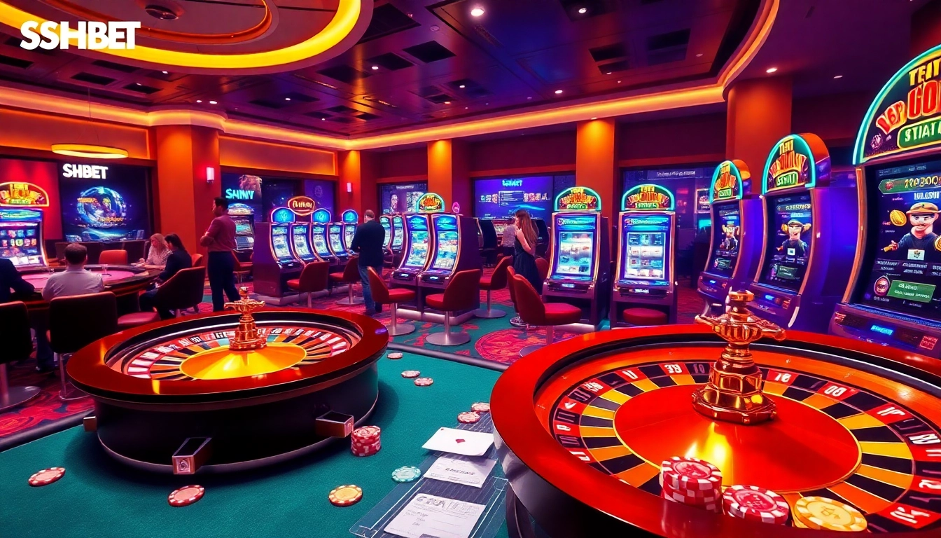 Experience the excitement of SHBET with dynamic online gambling visuals featuring roulette and slots.