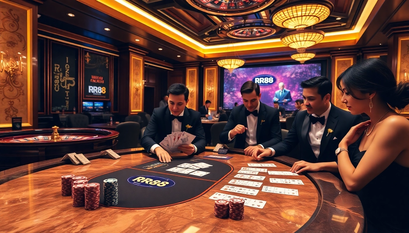 RR88 players placing bets at a luxurious live dealer poker table showcasing excitement and elegance.