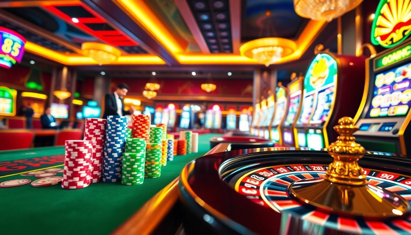 An engaging casino scene featuring lively tables and poker chips, embodying https://jun88buzz.info/ excitement for gamblers.
