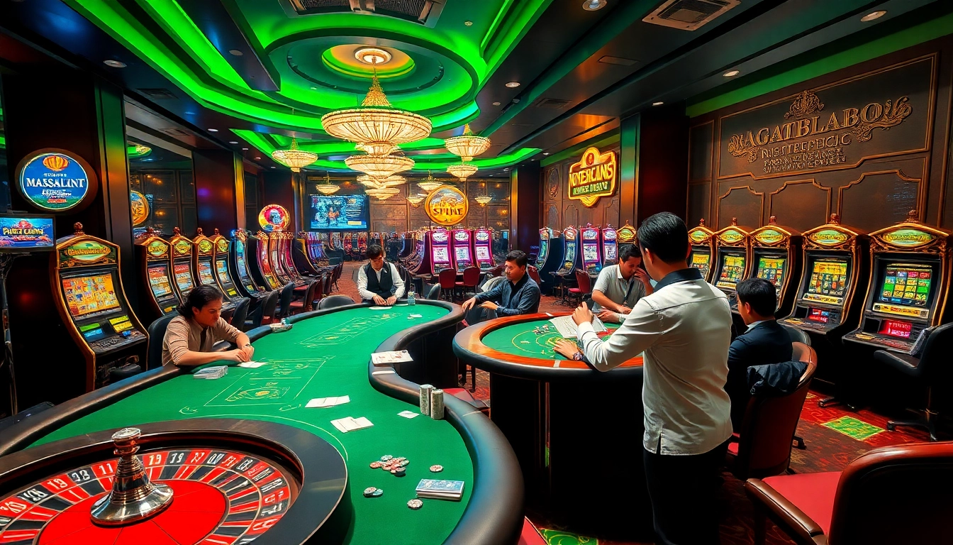 Players winning big at ingatbola88 in a luxurious casino environment filled with slot machines and poker tables.