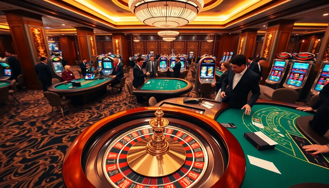 Experience the luxury of RR88 with vibrant casino visuals highlighting tables, slots, and players.