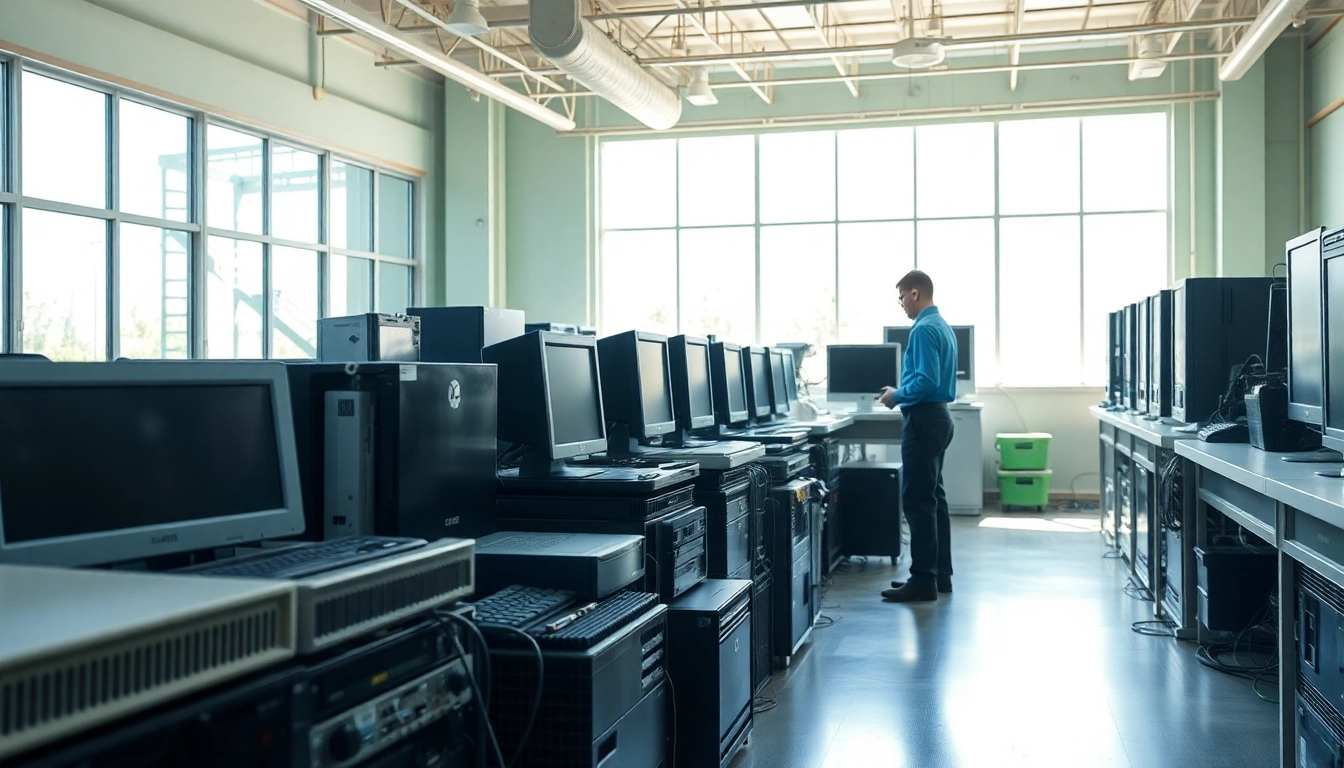 Technicians engaged in it recycling reading at a well-organized electronic disposal center.