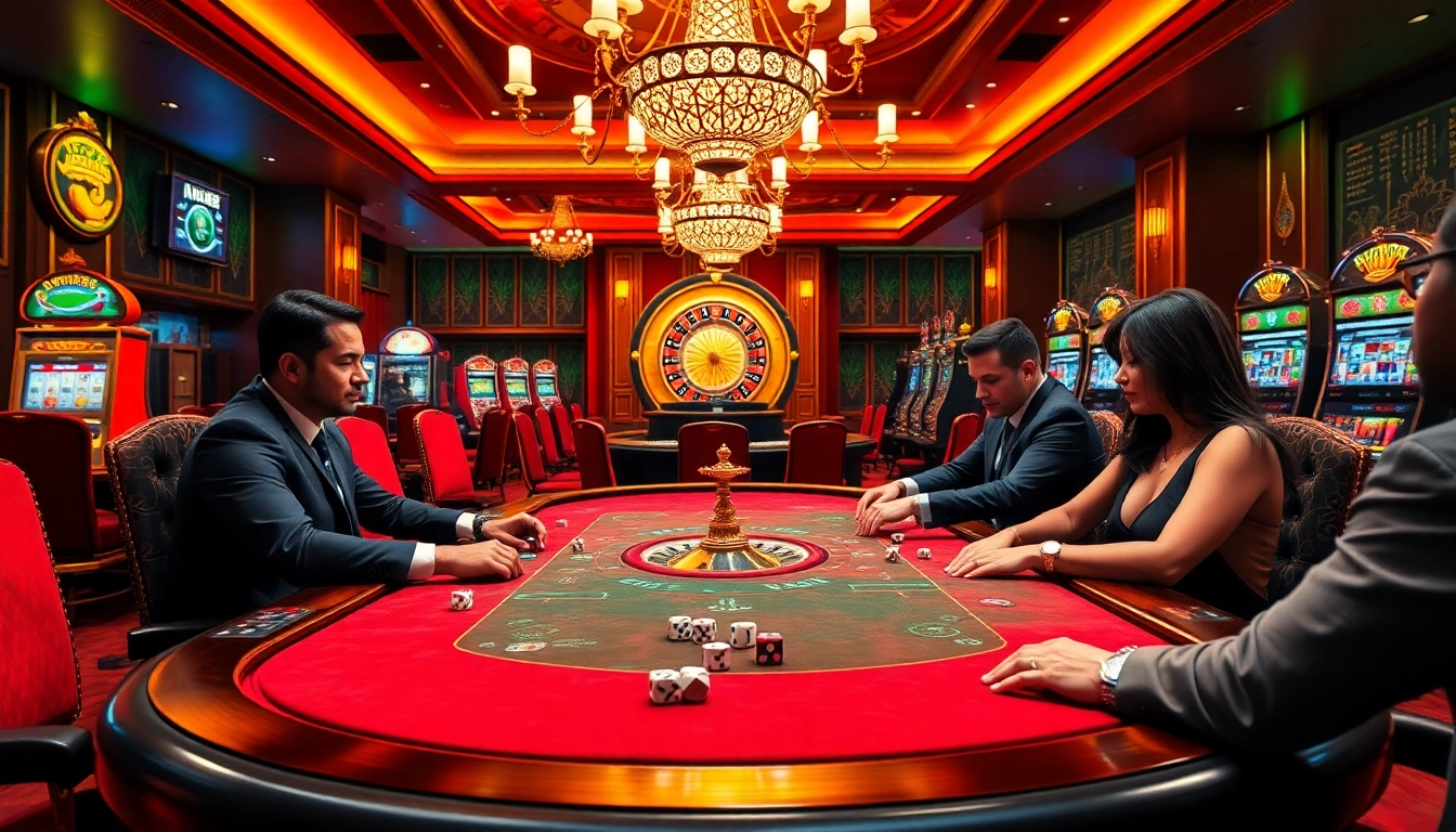 A thrilling poker game at Nhà cái NEW88's luxurious casino, showcasing intense gameplay and vibrant decor.