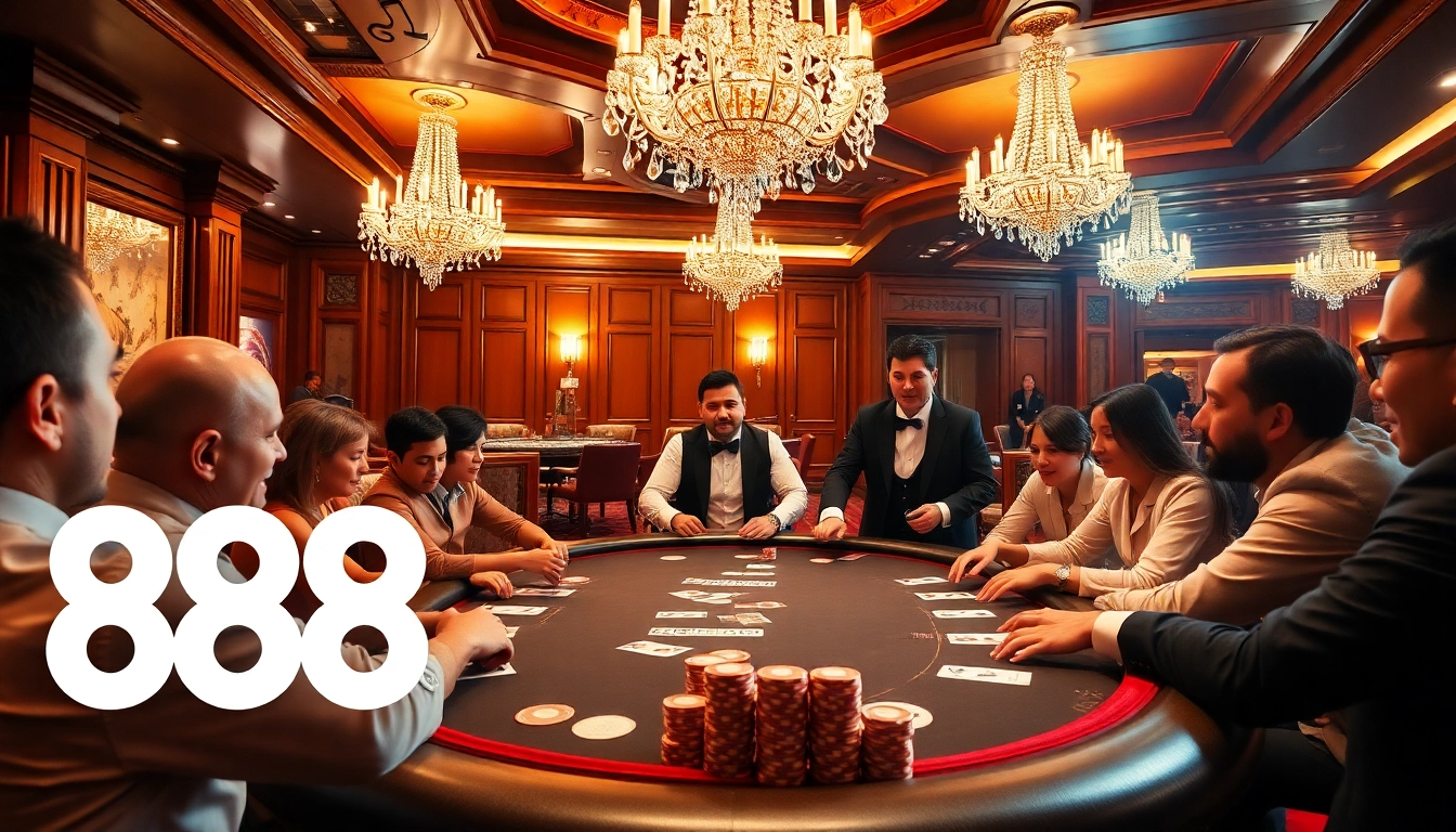 A thrilling poker game at a luxury casino featuring 888b. com, showcasing excited players and cards.