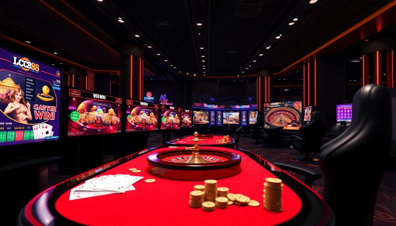 Experience the thrill of LC88 Vip with luxurious gaming scenes featuring casino games and vibrant interfaces.