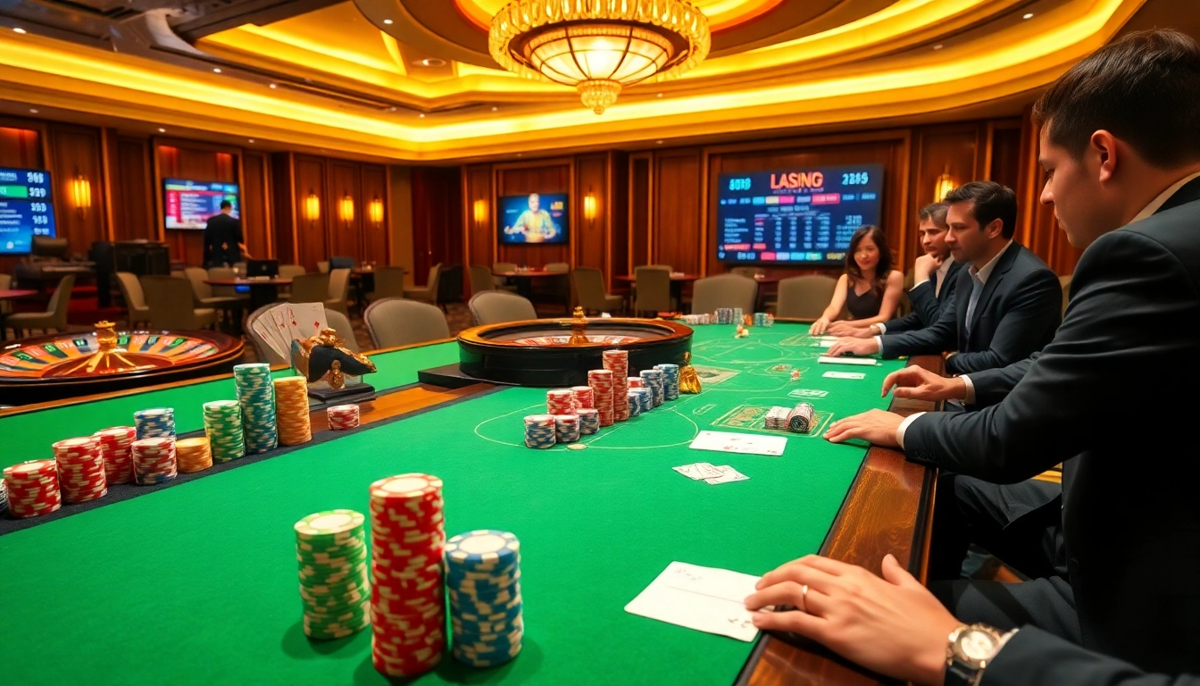 Engaging scene at a casino table showcasing strategic gameplay at nhà cái 888b with chips and cards.
