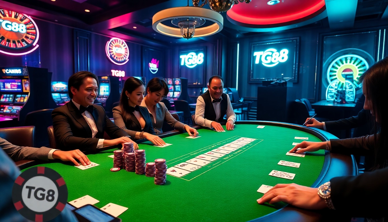 Players engaging in high-stakes blackjack at the TG88 casino, surrounded by luxury and excitement.
