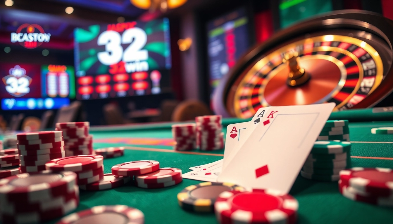 32win casino table with vibrant chips and cards, capturing the excitement of gambling.