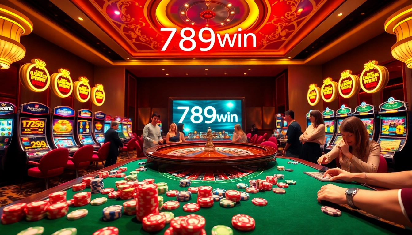 Excited players enjoying games at 789win casino with vibrant roulette and slot machines.