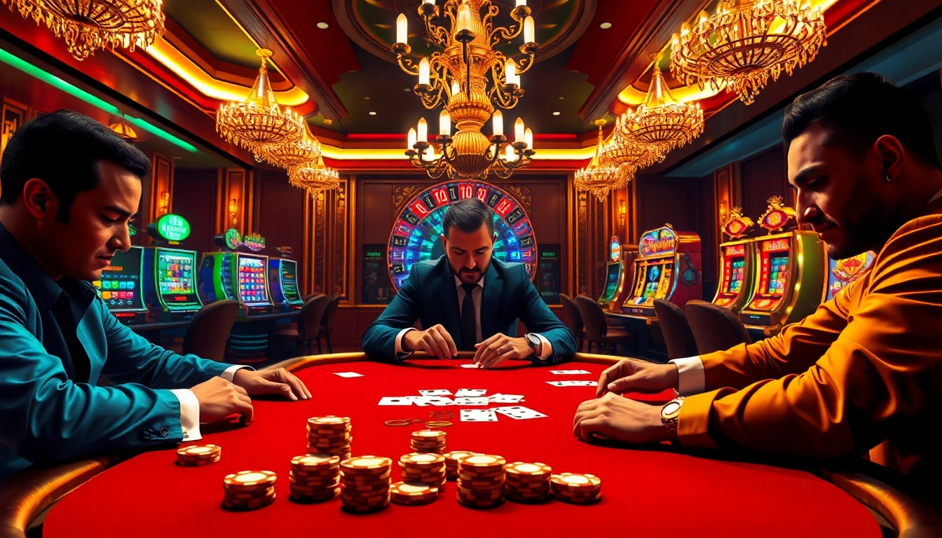 Play poker at https://99win1.us.com/ with luxurious chips and intense players in a vibrant casino setting.