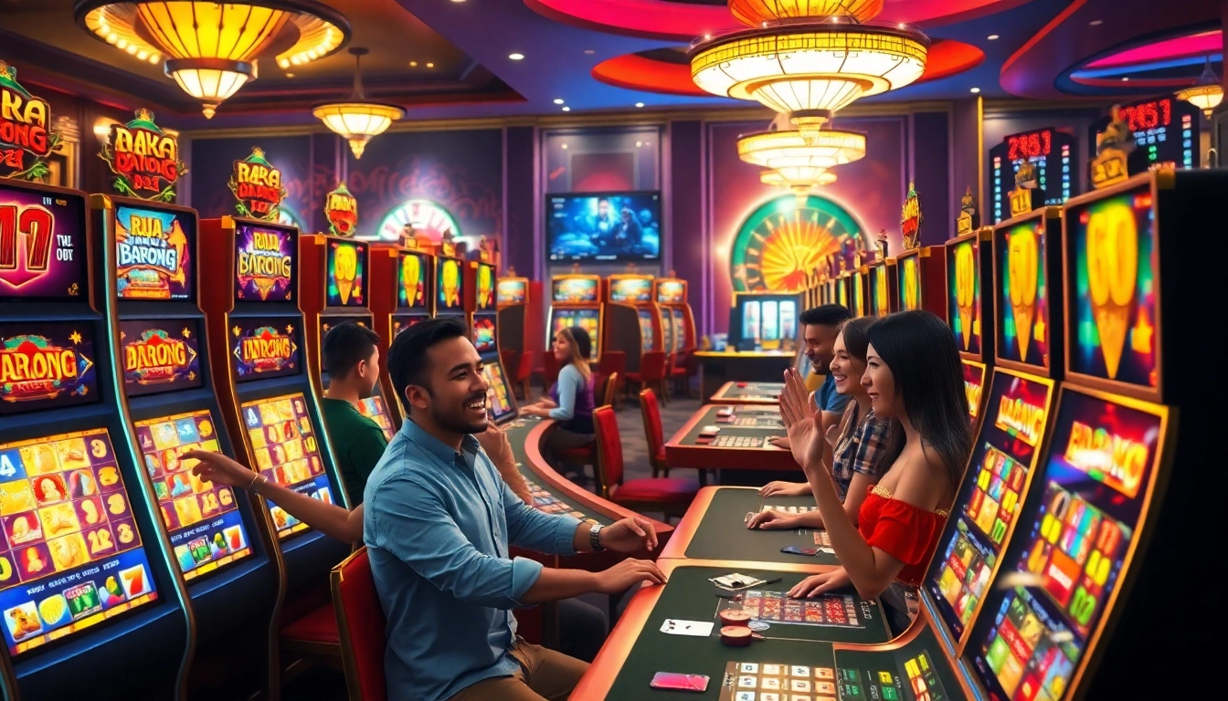 Win big on the raja barong slot machine amidst a bustling casino atmosphere.