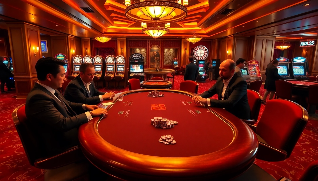 High-stakes poker at a KJC-themed casino with luxury decor and gaming tables.
