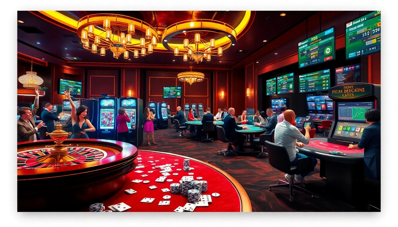 Players enjoy exciting games at F168 casino, with vibrant tables, roulette wheels, and winning opportunities.