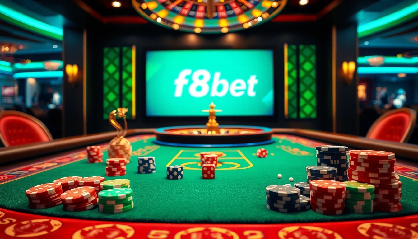 Experience excitement at the F8bet casino table with poker chips and a roulette wheel.