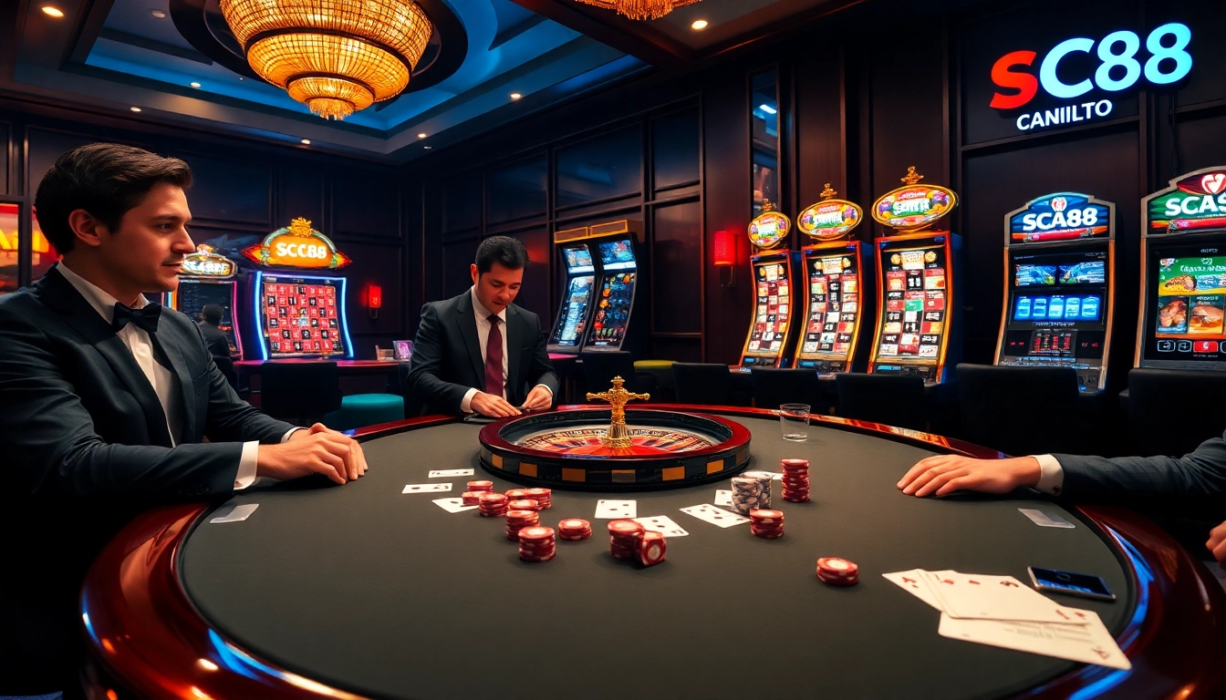 Gamblers at a luxurious table celebrating wins at Nhà cái SC88 casino.