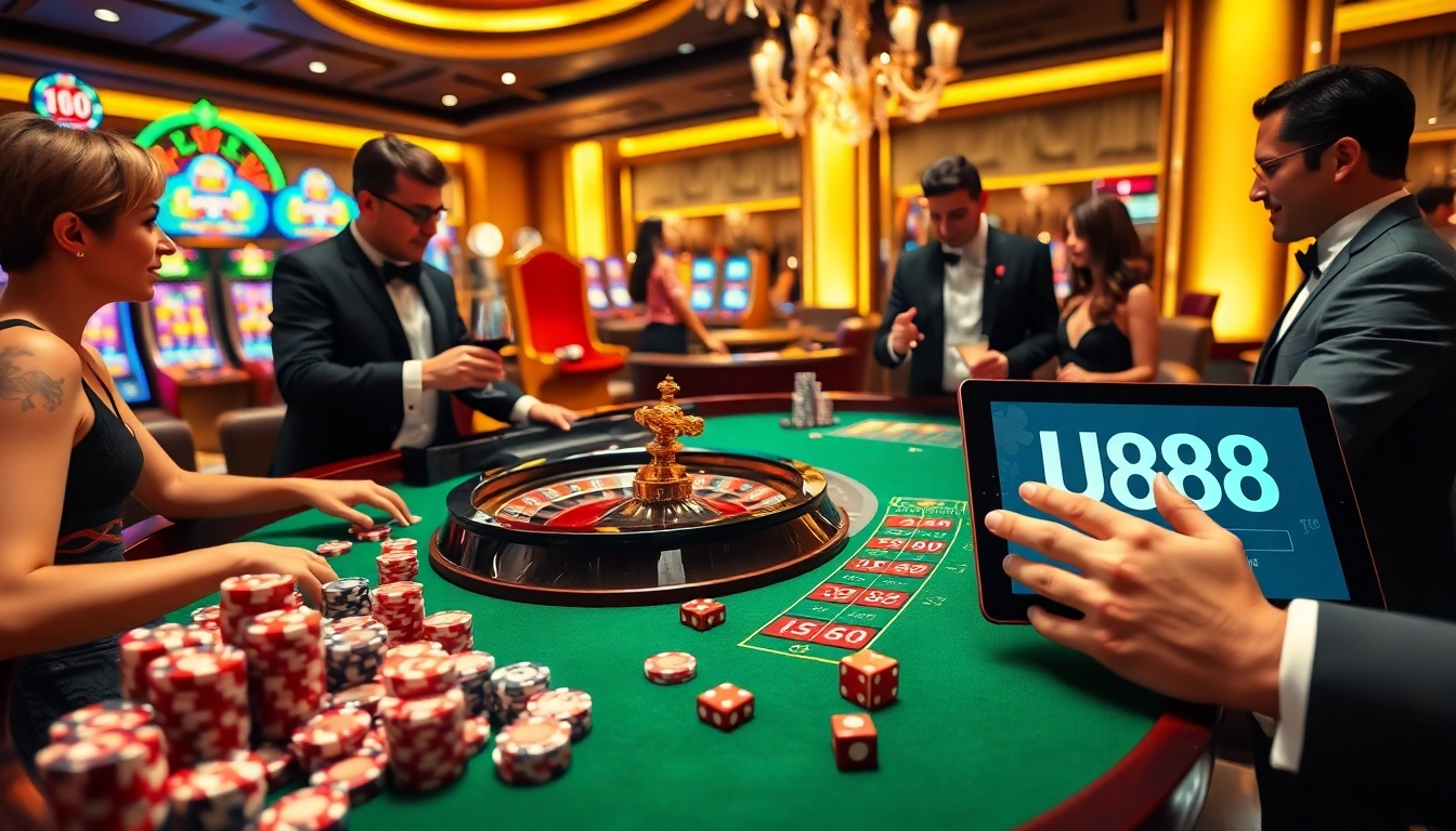 Players enjoying an exciting game at U888's casino table with roulette and poker chips.