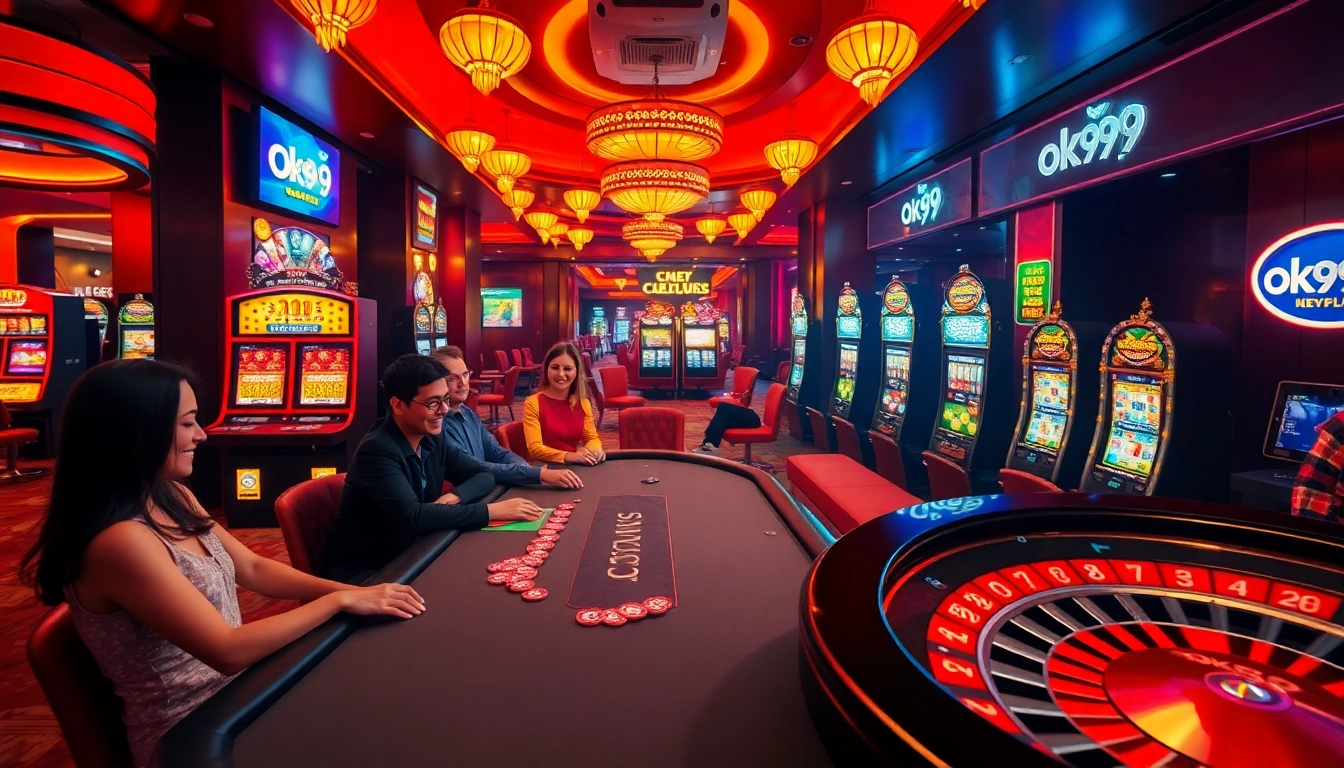 Ok99 highlights thrilling casino gameplay with vibrant poker tables and slot machines.