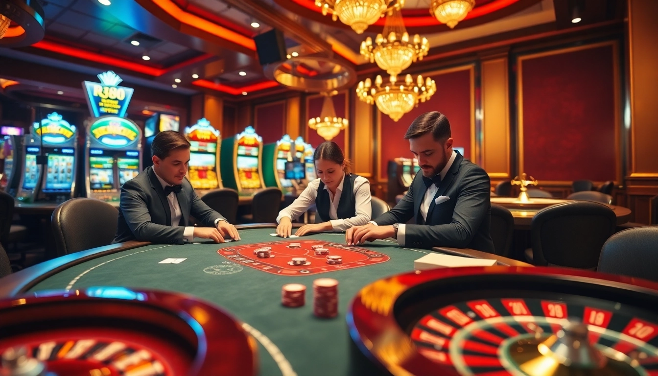 Experience high-stakes gaming at rr88 with a luxurious poker table and vibrant casino atmosphere.
