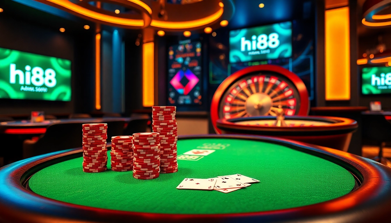 Experience high-stakes action at Hi88's casino table with vibrant poker chips and exclusive promotions.