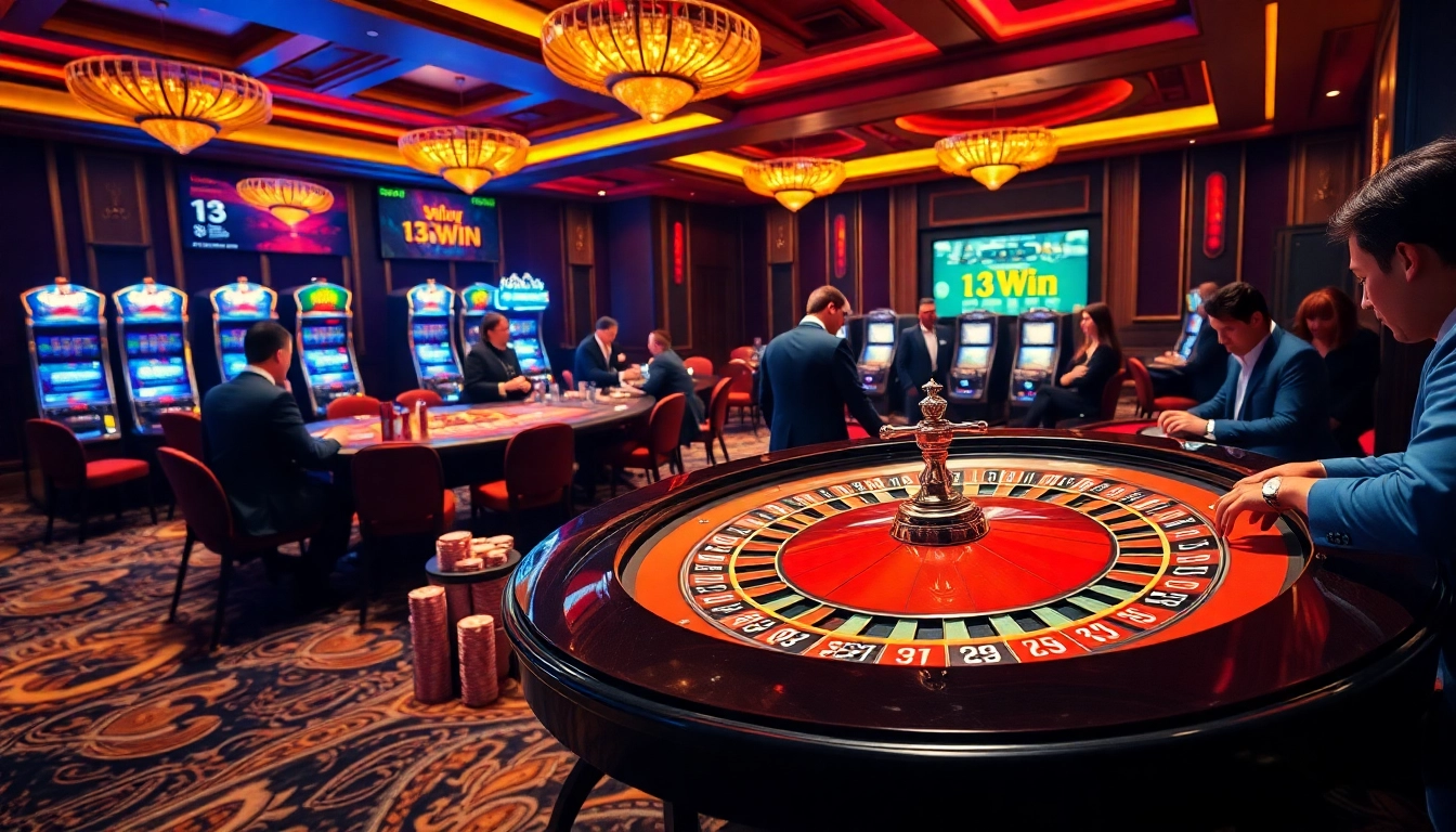 Experience the excitement of 13Win with vibrant casino games, poker chips, and roulette tables.