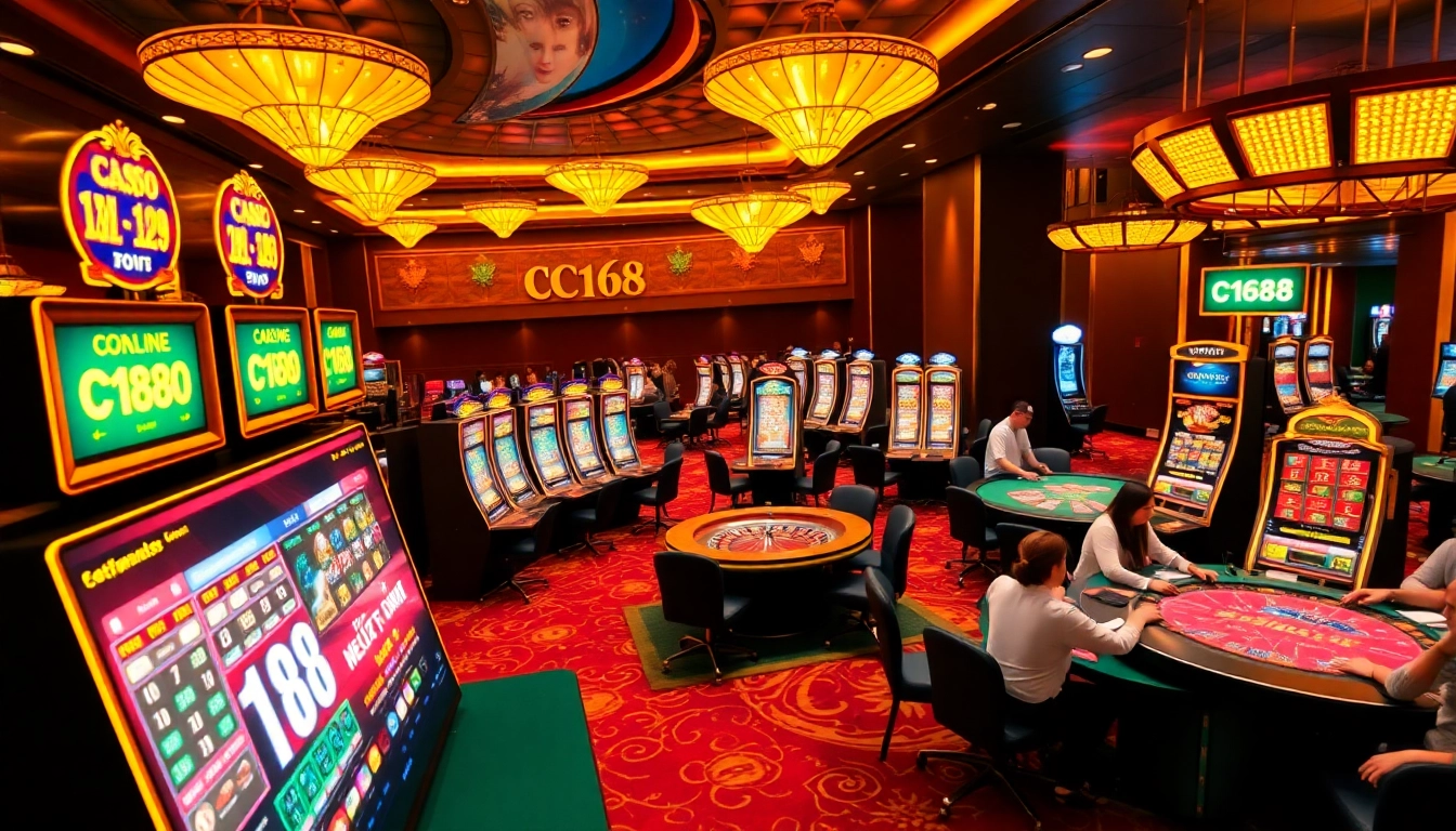 C168 players winning big at a luxurious casino with vibrant slot machines and poker tables.