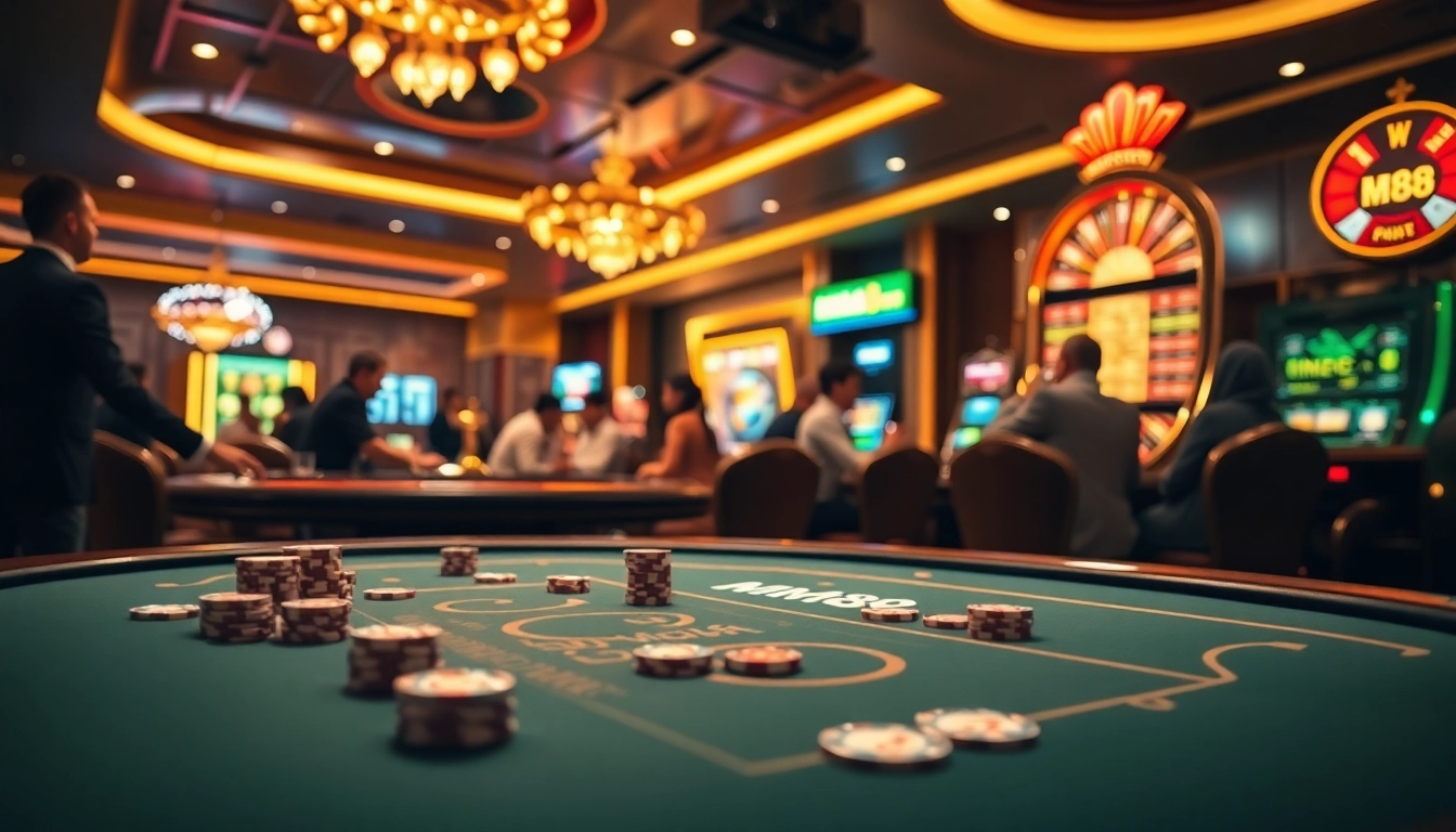 Experience luxury gaming at MM88 with poker tables and vibrant slot machines.