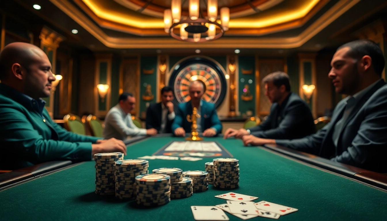 Intense poker game featuring F168 casino chips and cards in an elegant casino setting.