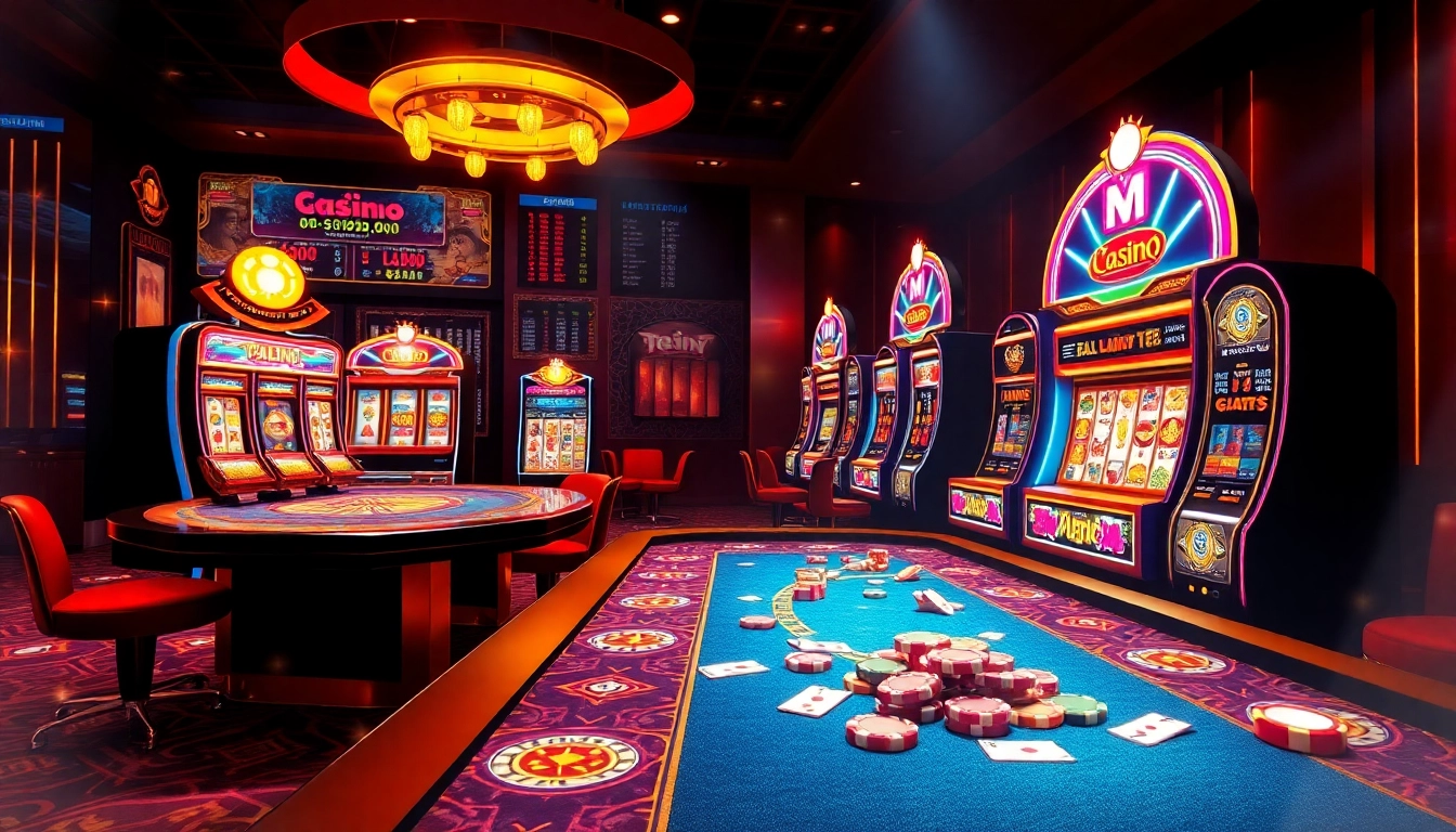 Nổ hũ slot machines illuminating a luxurious casino game night with vibrant colors and excitement.