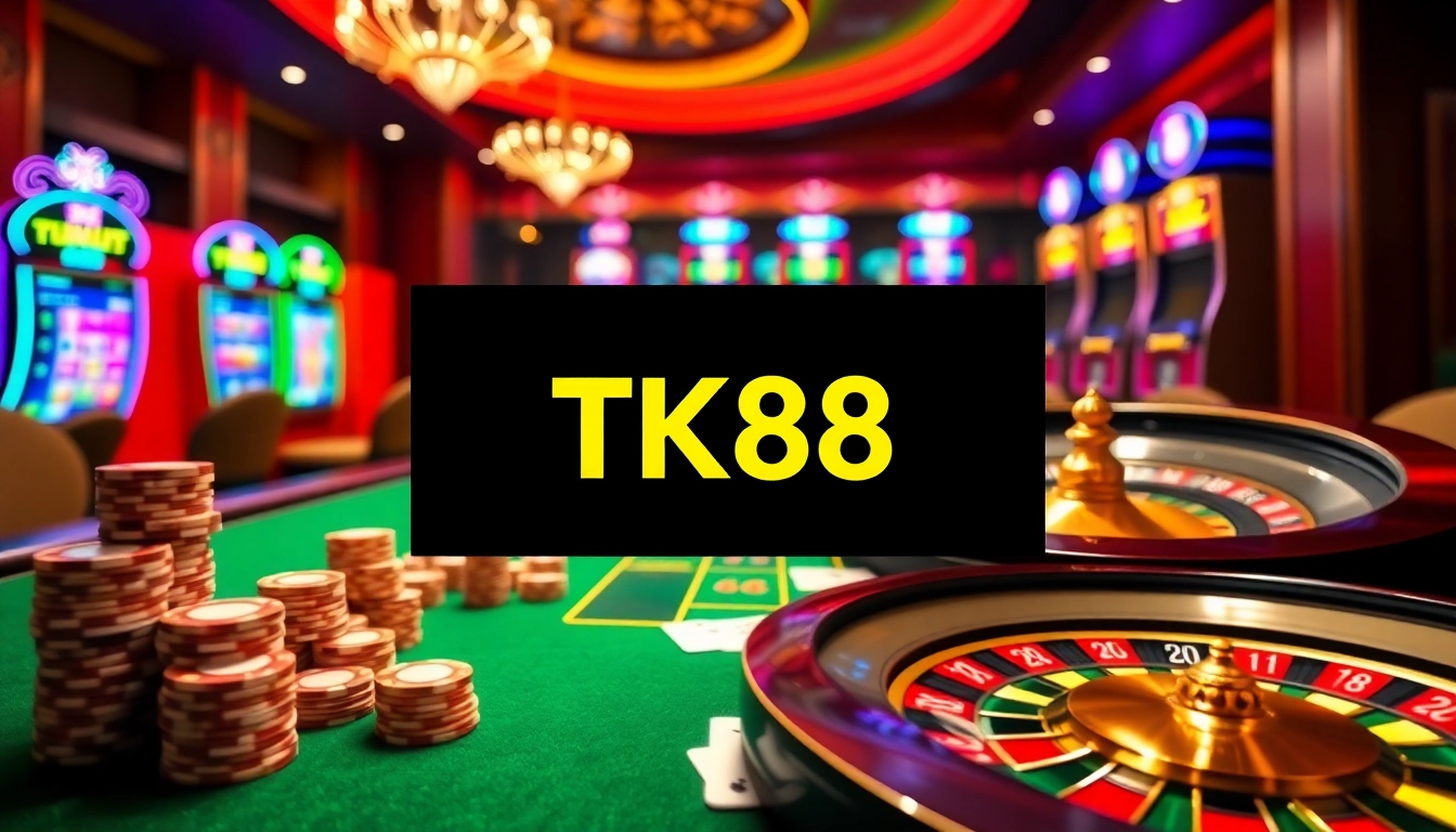 Experience the excitement of TK88 casino with vibrant visuals of poker chips, cards, and slot machines.