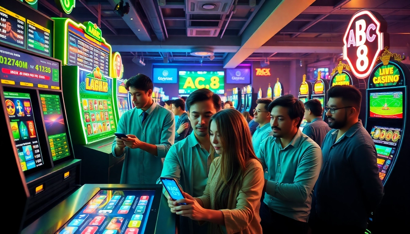 Engaging scene of diverse players enjoying online gambling at ABC8, showcasing various games and a vibrant atmosphere.
