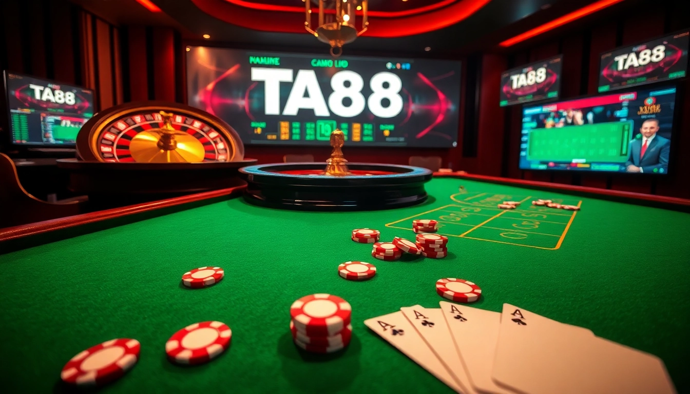 Experience the excitement of TA 88 online gambling with vibrant casino visuals of roulette and poker chips.