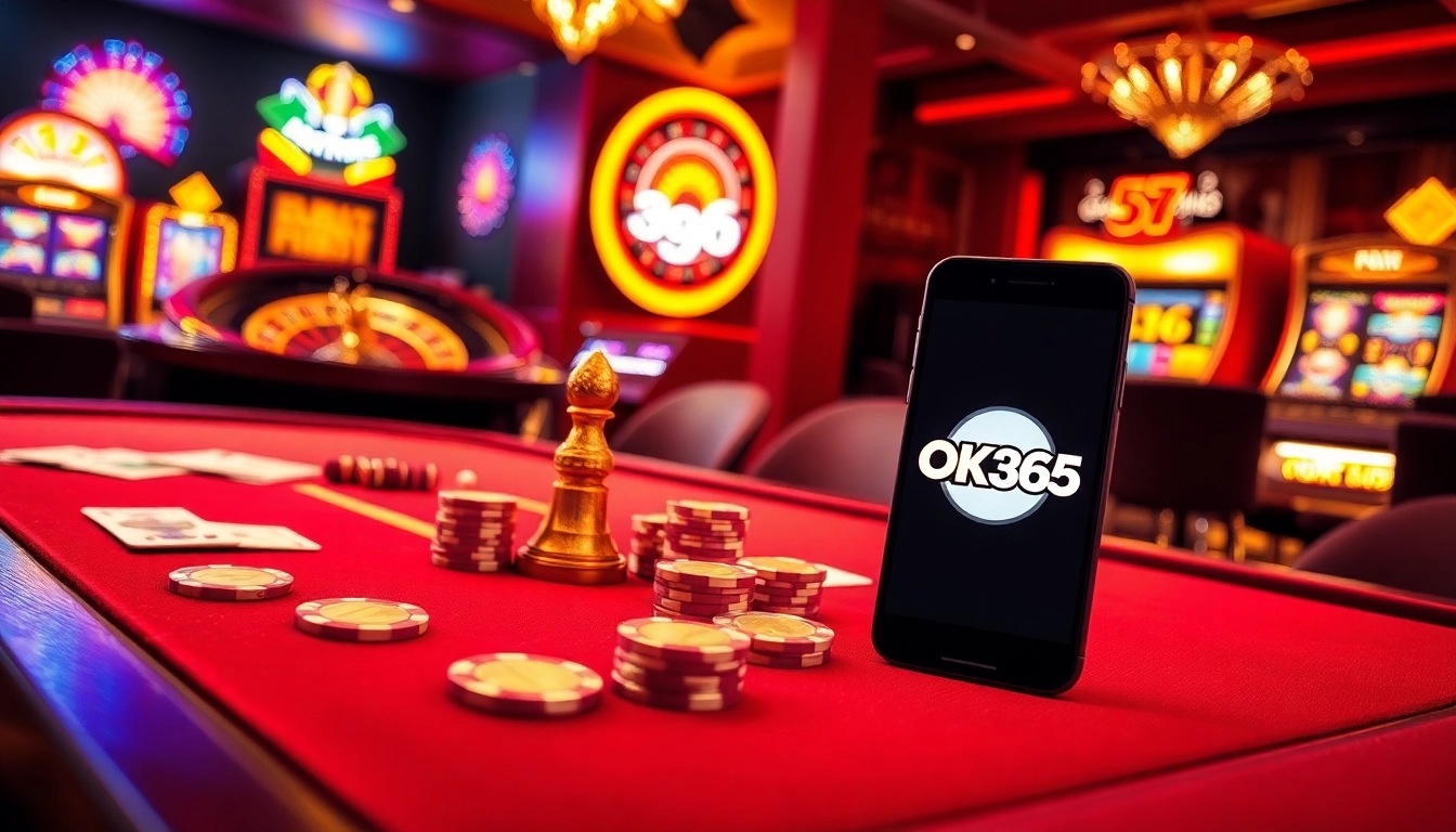 Experience the thrill of OK365 with a vibrant casino scene featuring poker chips and a roulette wheel.