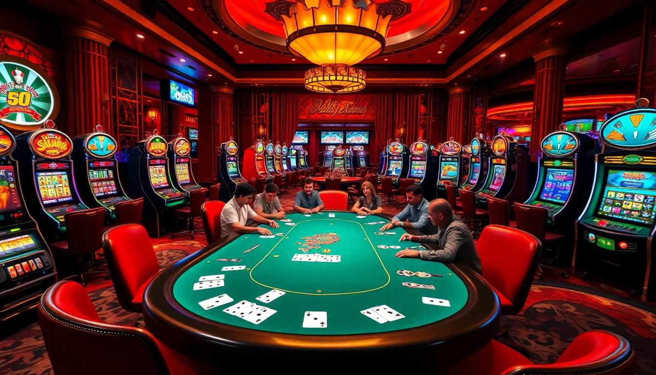 Players celebrating a win 55 at a luxurious casino poker table with vibrant slots.