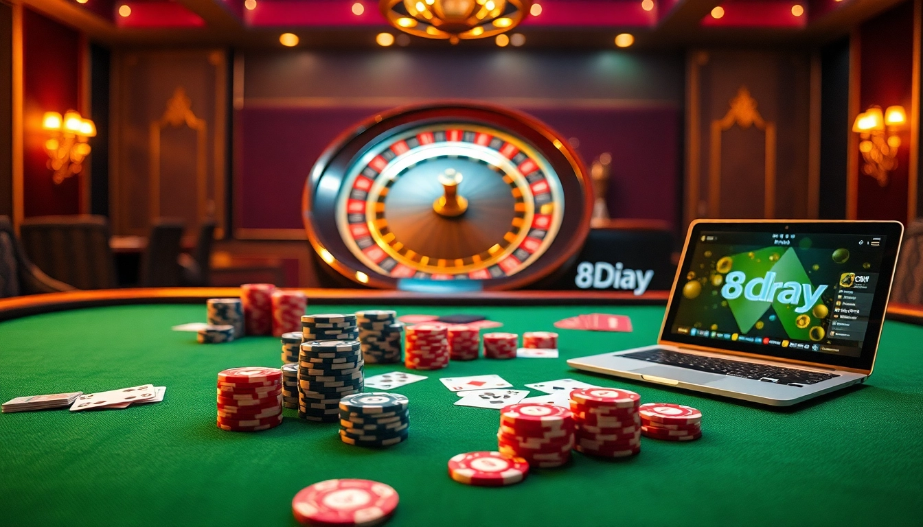 Experience thrilling gaming moments at 8day.cn.com with expertly arranged casino elements including poker chips and cards.