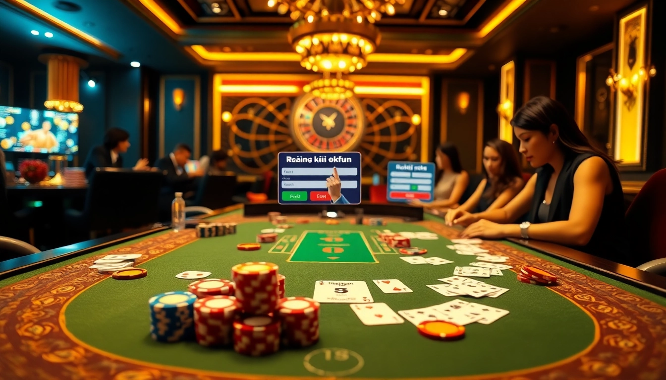 Exciting casino scene featuring poker chips and cards while showcasing đăng ký okfun for new players.