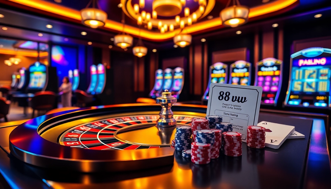 Experience the thrill of gambling with 88vv at a luxurious casino table filled with poker chips and cards.