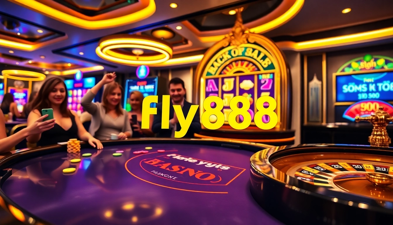 Experience the thrill of gambling at fly88 with vibrant casino tables and slot machines.