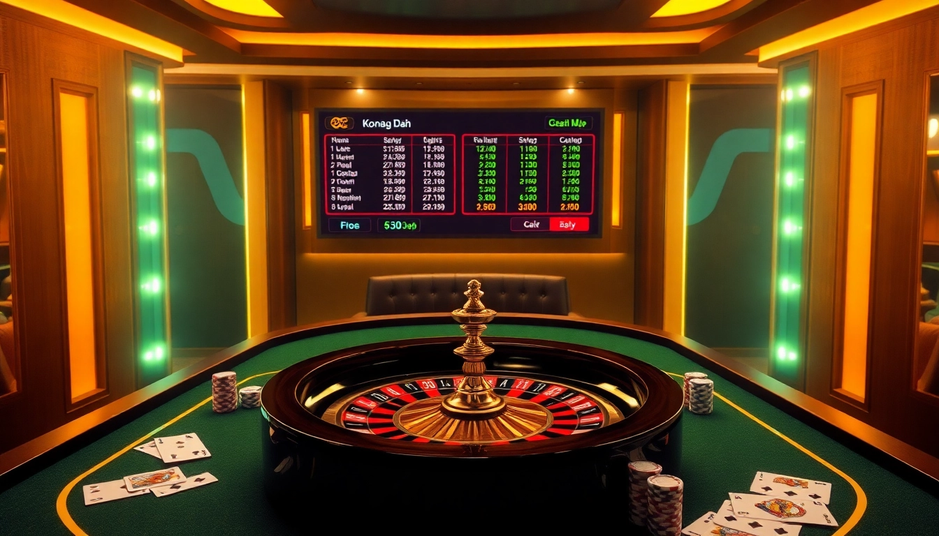 Kèo Bóng Đá betting interface displayed among vibrant casino tables and poker chips.