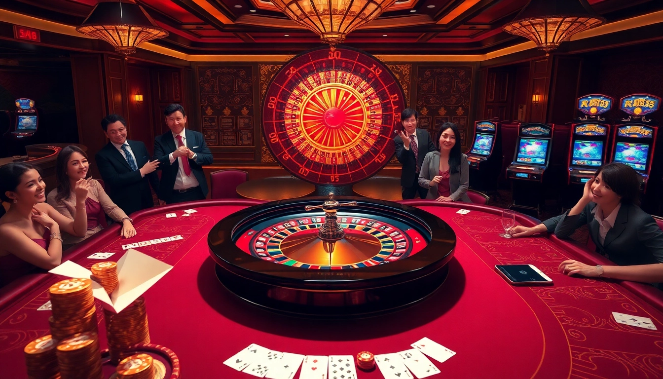 Players enjoying high-stakes excitement at rr 88 casino tables with roulette wheel and poker chips.