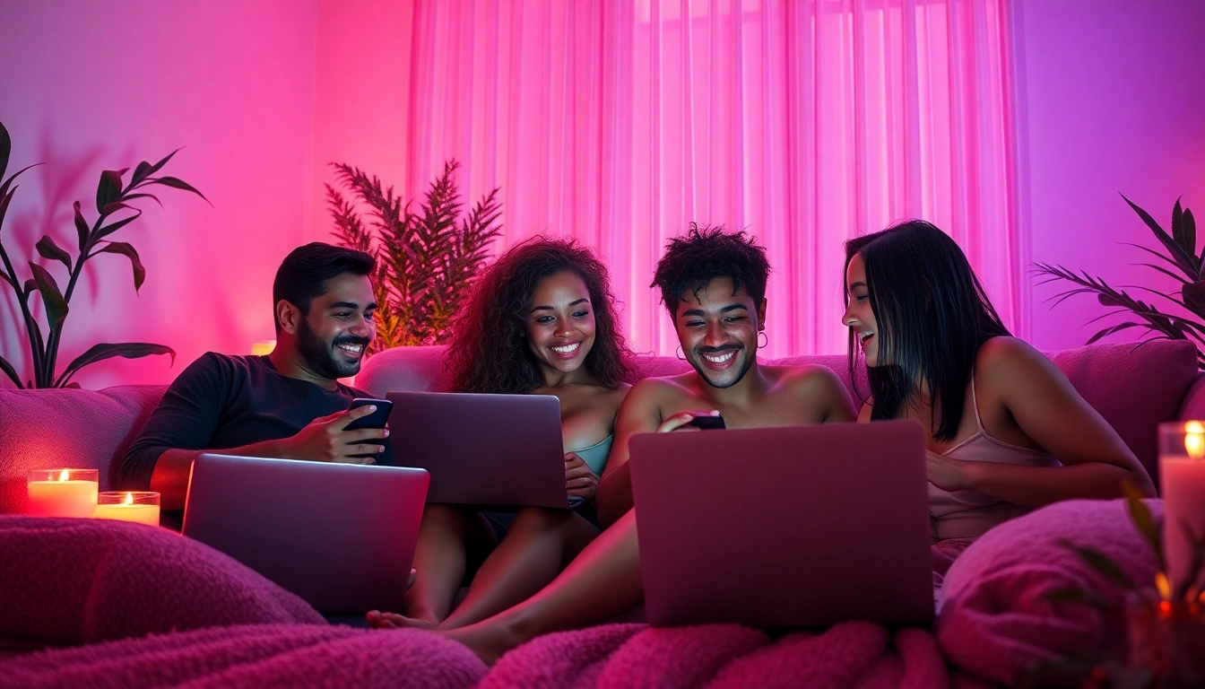 Engaging adults in a vibrant sexchat environment with inviting lighting and modern tech.
