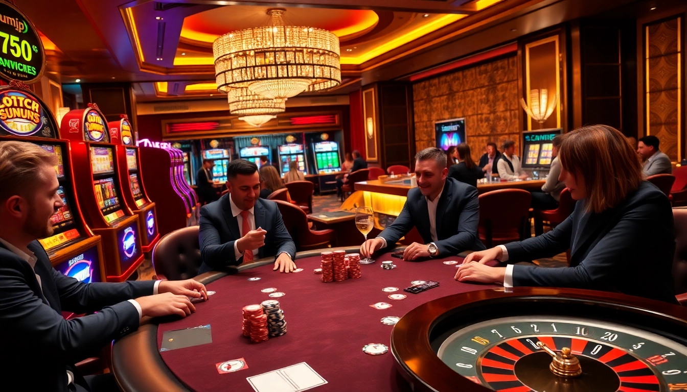 Players enjoying high-stakes poker at Sumvip Club, with vibrant slot machines illuminating the casino.