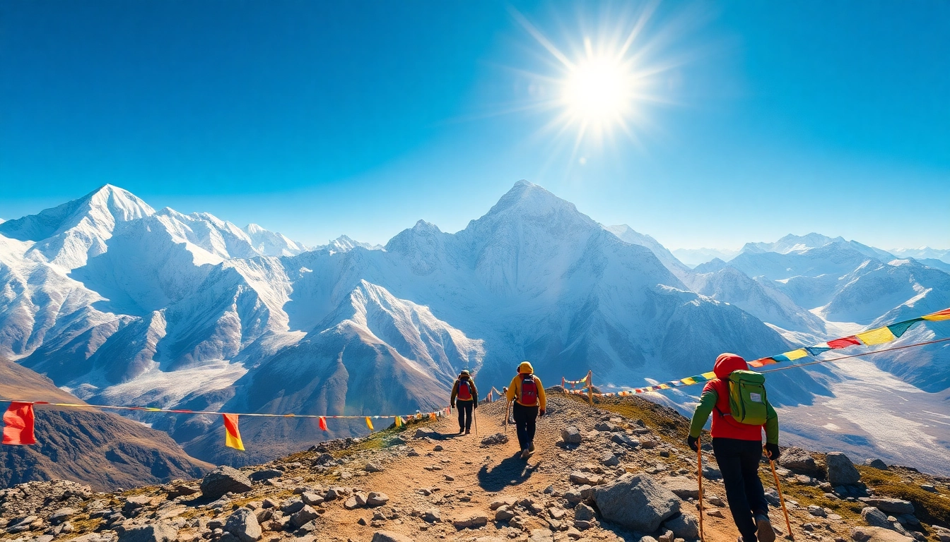 Everest base camp trek featuring trekkers amidst stunning mountain scenery and colorful prayer flags.